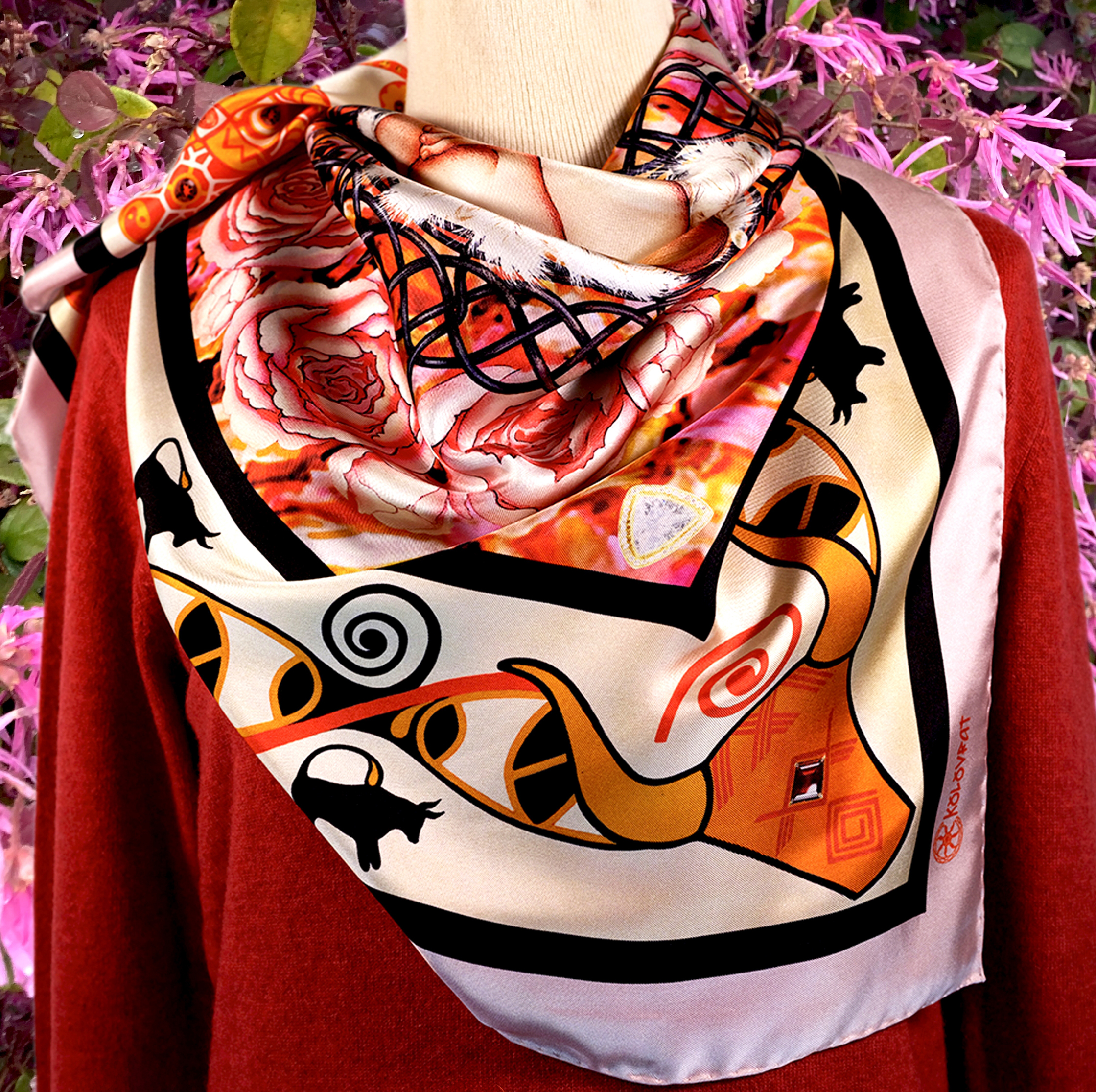 Go in style with The Beginning coral silk scarf from PSICHORA - a splendid blend of colours & symbolic images.