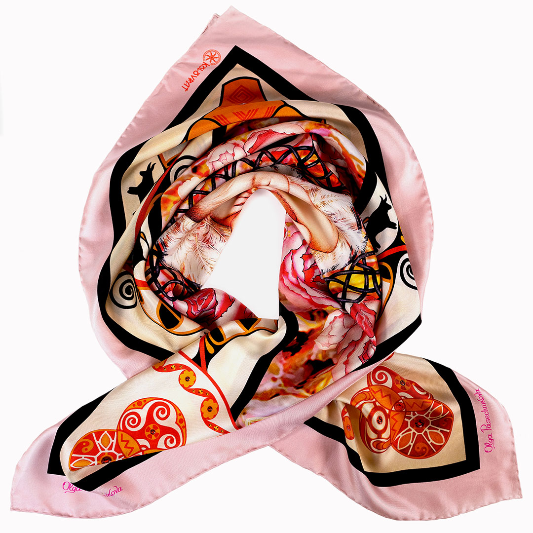 PSICHORA: The Beginning coral pink silk scarf of soft pink hue underlined with bold strikes of rich brown and Trypillian symbols.