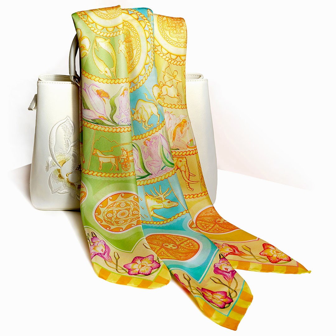 Made in Italy the Skies 68cm head silk scarf collection - golden turquoise pistachio - by PSICHORA.