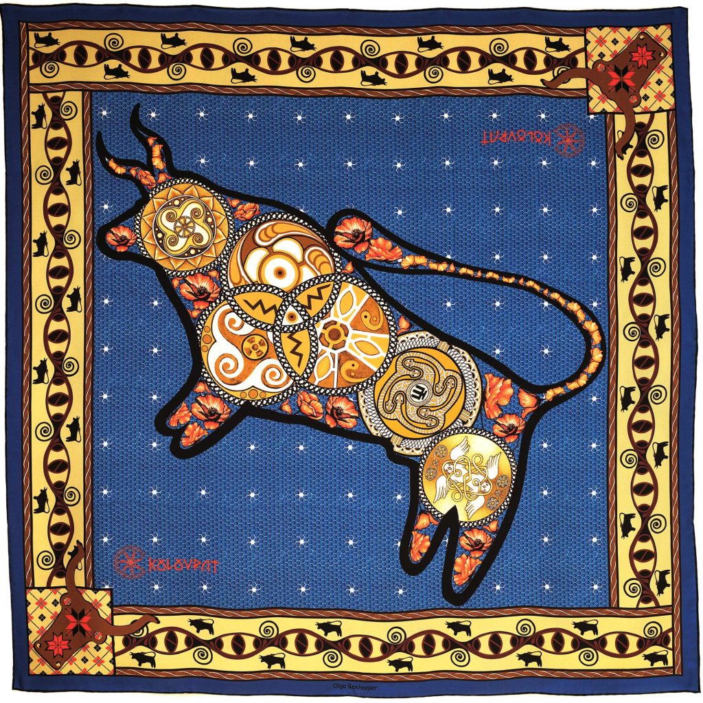 Designed in Melbourne the Taurus luxury teal blue silk scarf 90cm - teal blue terracotta Trypillian bull DNA symbols - by PSICHORA. Made in Italy.