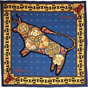 Designed in Melbourne the Taurus luxury teal blue silk scarf 90cm - teal blue terracotta Trypillian bull DNA symbols - by PSICHORA. Made in Italy.