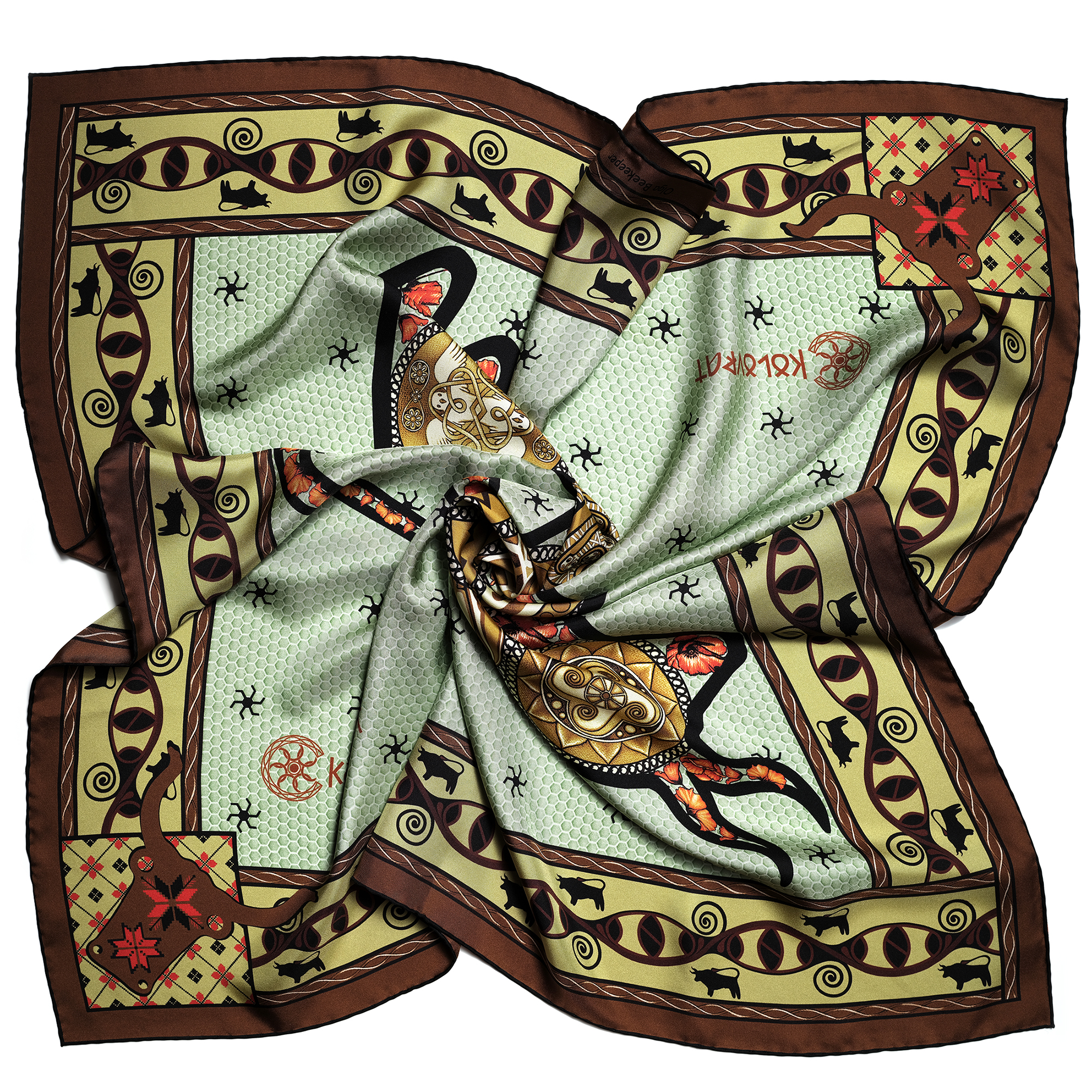 Embrace the grounded strength with the Taurus, terracotta olive silk scarf. Designed in AU & made in Italy, this silk scarf places the Trypillian bull at its centre — a symbol of endurance, protection, and fertile life‑force.
