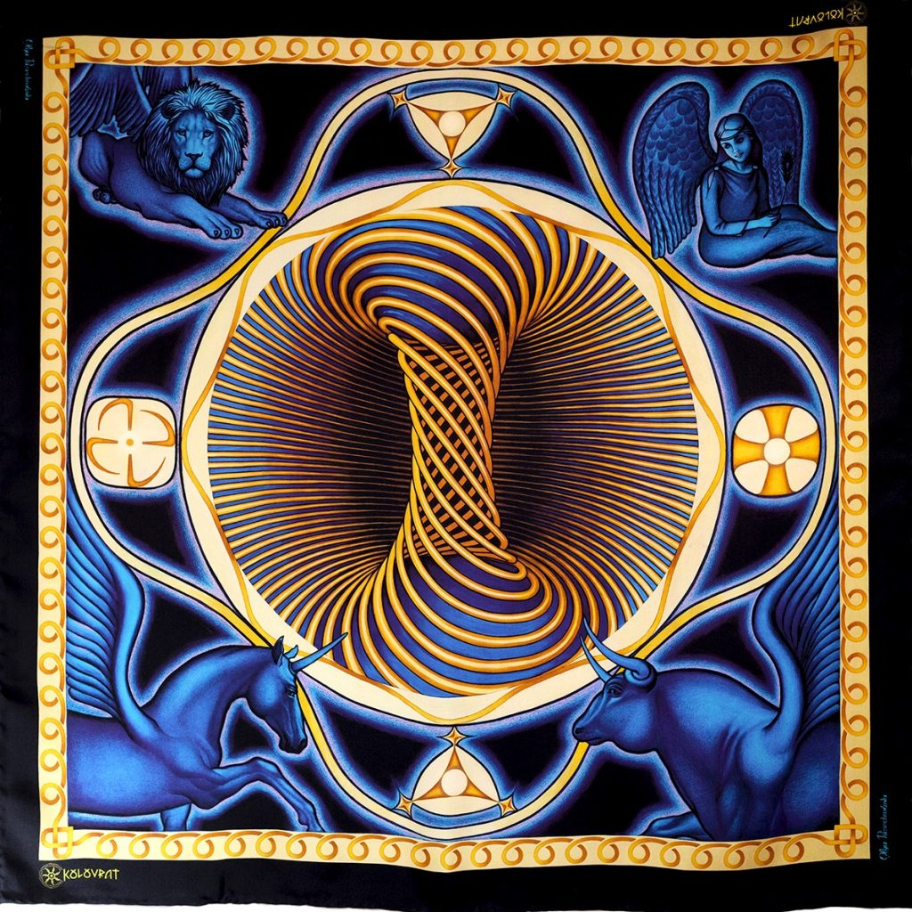 Designed in Melbourne the Cosmic Creation luxury silk scarf 90cm - navy royal blue golden - by PSICHORA. Made in Italy.