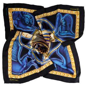 Designed in Australia and made in Italy the Cosmic Creation luxury silk scarf combines deep navy and royal blue hues highlightened with golden symbols, and creates sense of cosmic depth and refined elegance. By PSICHORA.