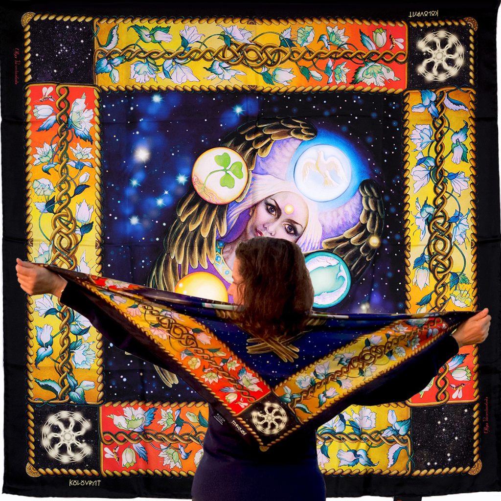 Designed in Australia the Creation designer silk scarf - black red amber blue - by PSICHORA.