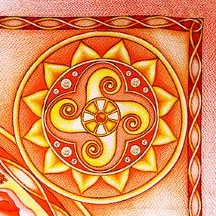 The Creation N1 pure silk scarf - the ancient sun-symbolism incorporated in the scarf design.