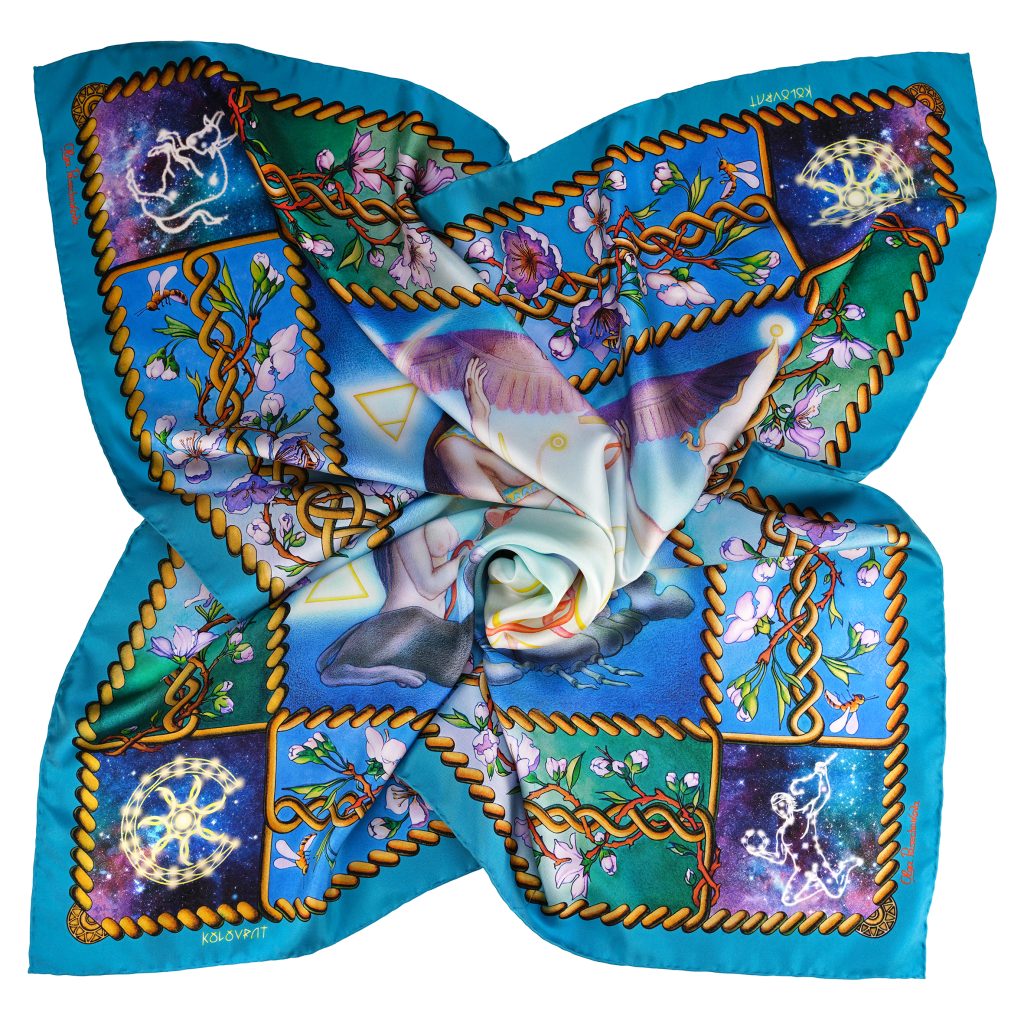 Designed in Melbourne the Creation N5 luxury silk scarf 90cm - teal blue turquoise emerald - by PSICHORA. Made in Italy.