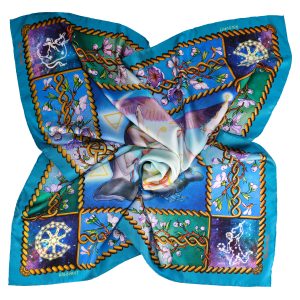 Designed in Australia and crafted in Italy, the Creation N5 designer silk scarf blends teal blue, turquoise, and emerald hues with amber braids and soft pink blossom. This PSICHORA piece carries the gentle vibrancy of a Spring sky, sense of renewal infused with a vibes of timeless romance.