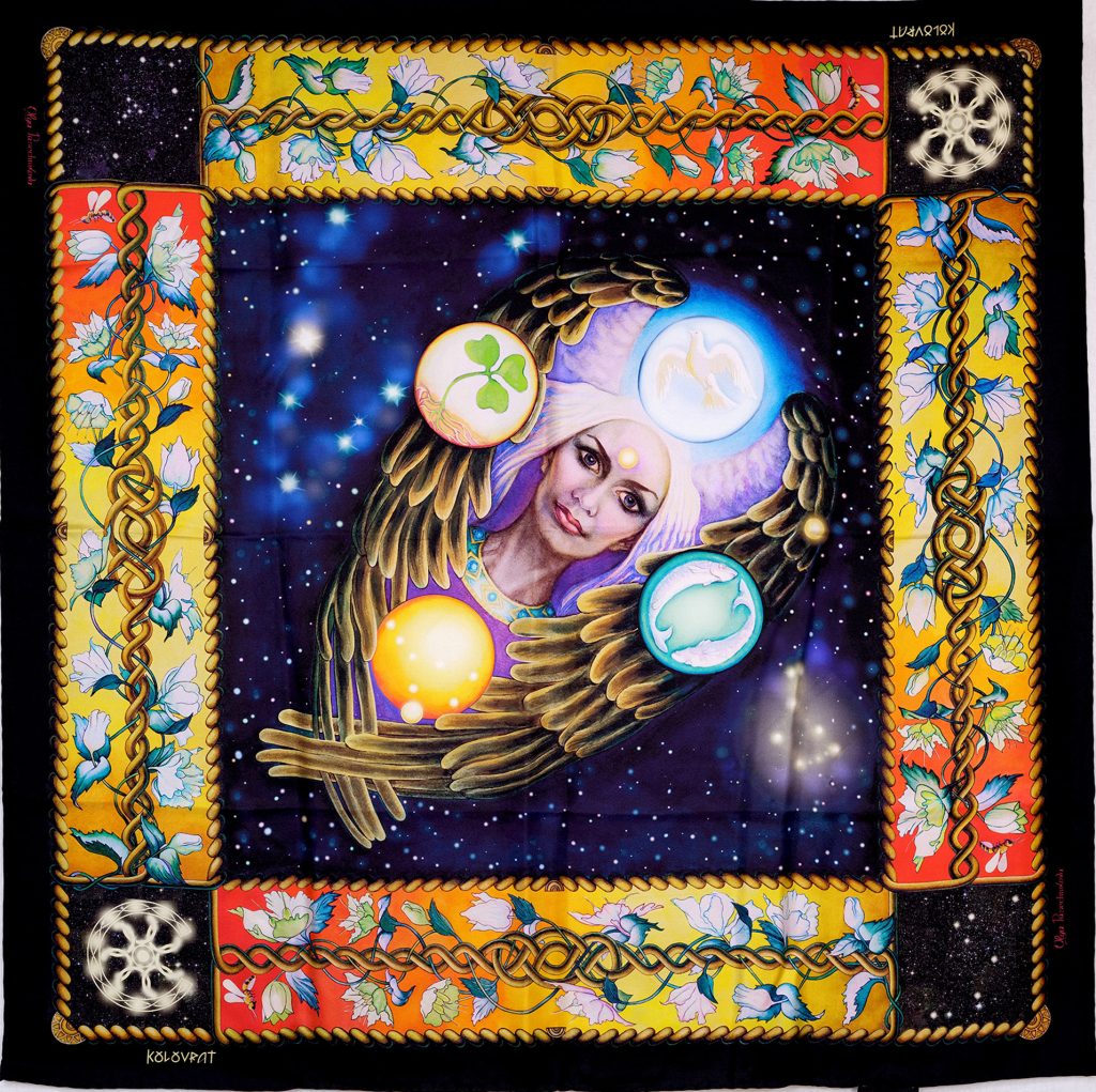 Designed in Melbourne the Creation luxury silk scarf 90cm - black red amber golden blue - by PSICHORA. Made in Italy.