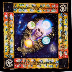 Designed in Melbourne the Creation luxury silk scarf 90cm - black red amber golden blue - by PSICHORA. Made in Italy.