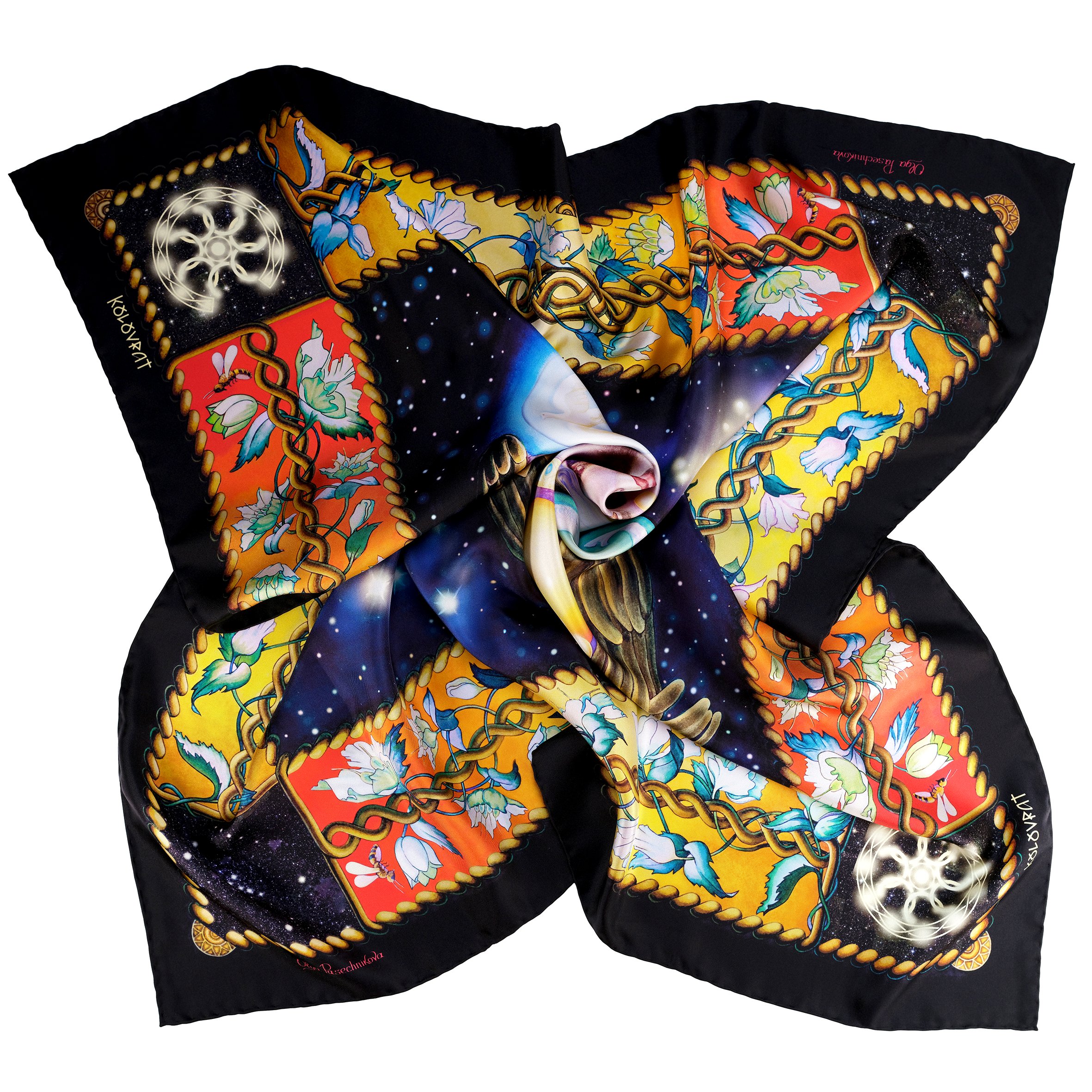 The Creation luxury silk scarf combines black, red, amber, golden, and blue tones in a vivid, enigmatic scarf design. Made in Italy, this PSICHORA piece evokes a sense of cosmic mystery, adding a touch of sparkling elegance and Space depth to your ensemble.