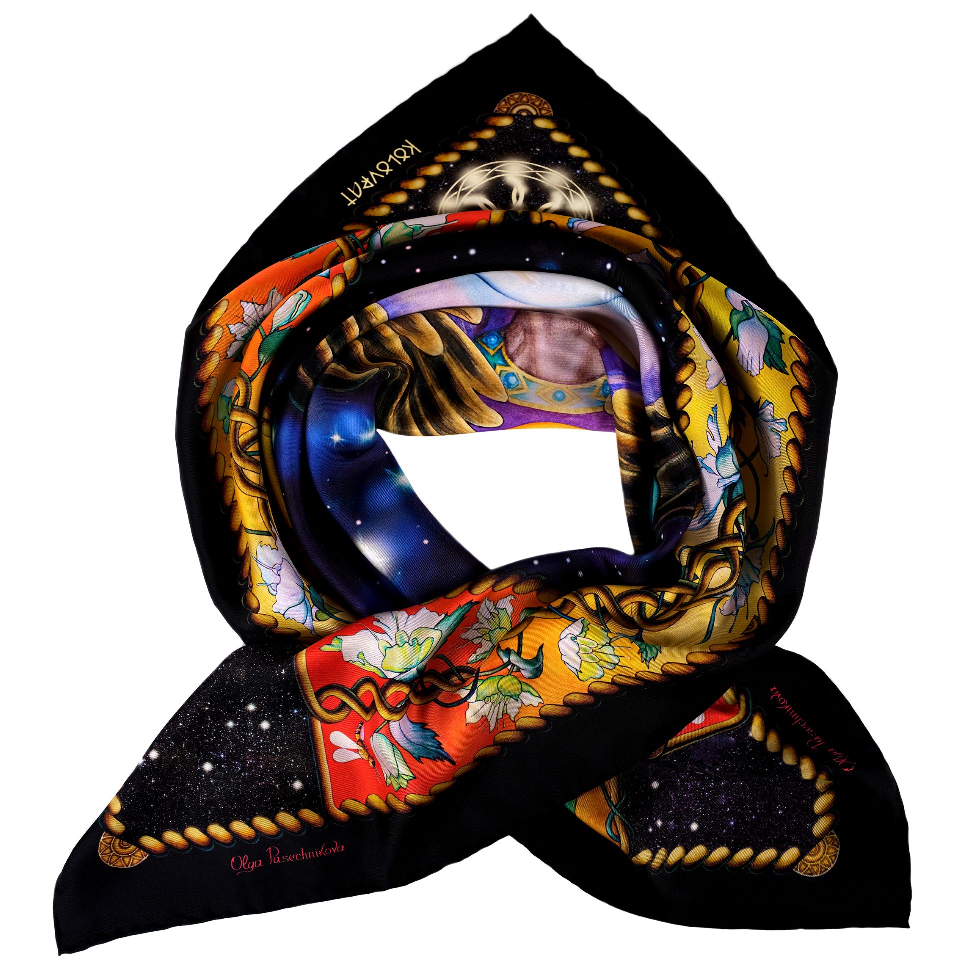 The Creation luxury silk scarf blends black, red, amber, golden, and blue tones into a vivid, enigmatic composition. Crafted in Italy, this PSICHORA piece carries an aura of cosmic enigma, adding sparkling elegance and a sense of deep space-inspired sophistication to your ensemble.
