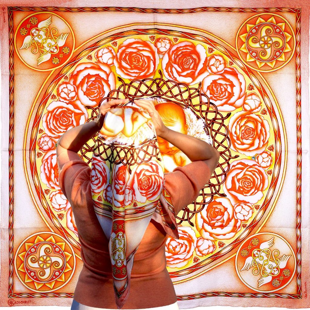 Designed in Australia and made in China the Creation N1 pure silk scarf 88cm - peachy pink golden amber red - by PSICHORA.
