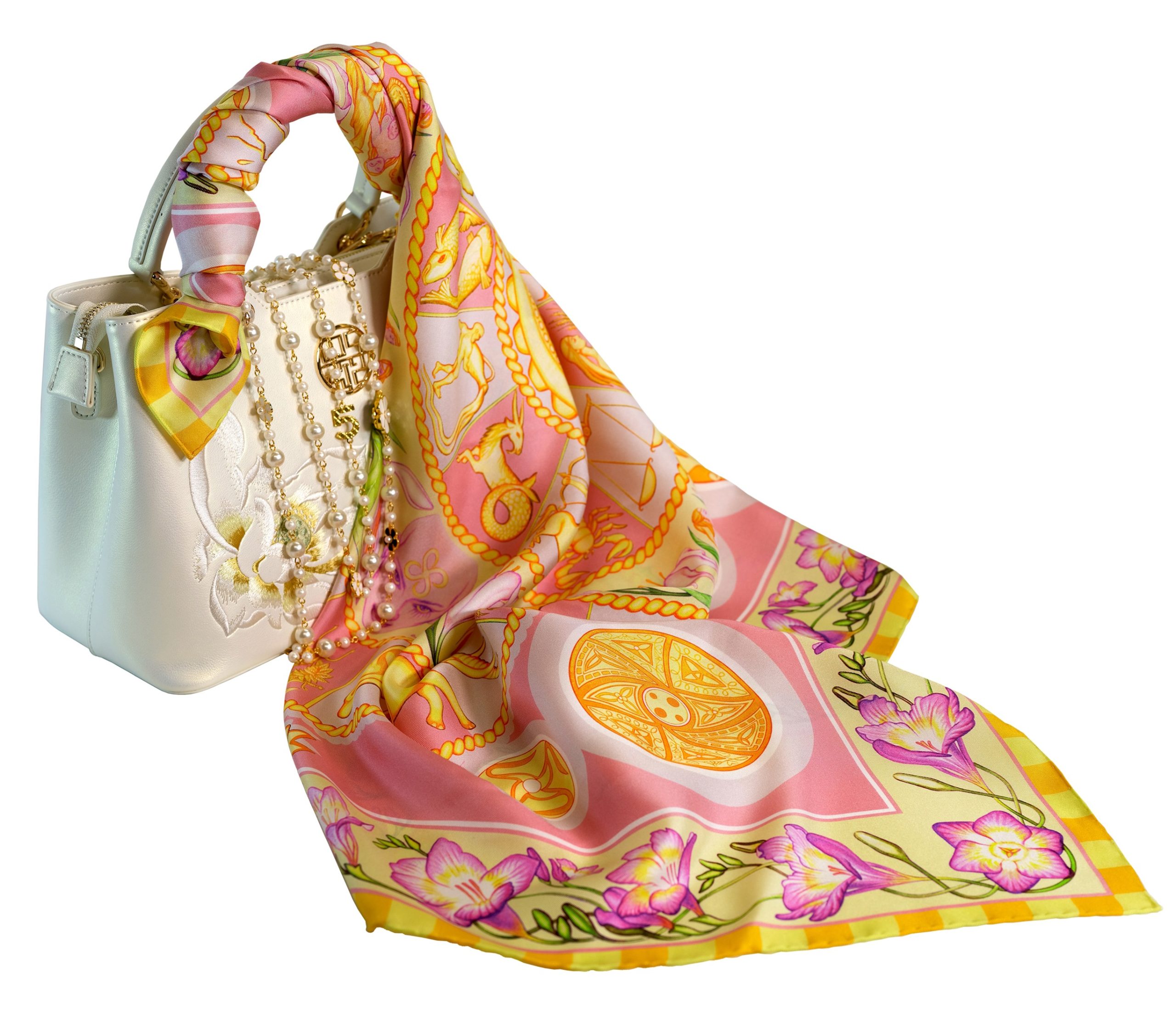 Down Sky luxury silk scarf 90cm - coral pink golden celestial floral - by PSICHORA. Designed in Australia, made in Italy.