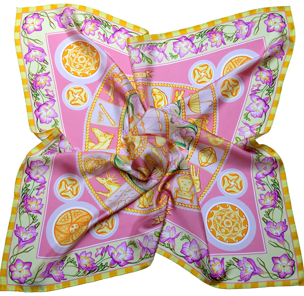 Hand rolled and made in Italy the Dawn Sky luxury silk scarf 90cm by PSICHORA.