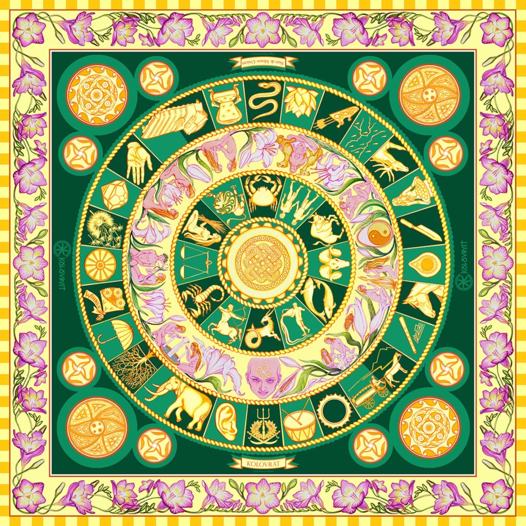 Step in style with the Emerald Sky luxury green silk scarf of golden celestial wheals of Zodiac & Nakshatras, pink florals and telling imagery in a luminous, cosmos‑inspired design. Designed in Australia and made in Italy, this PSICHORA piece brings a refined statement piece to your look.