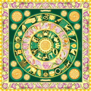 Step in style with the Emerald Sky luxury green silk scarf of golden celestial wheals of Zodiac & Nakshatras, pink florals and telling imagery in a luminous, cosmos‑inspired design. Designed in Australia and made in Italy, this PSICHORA piece brings a refined statement piece to your look.
