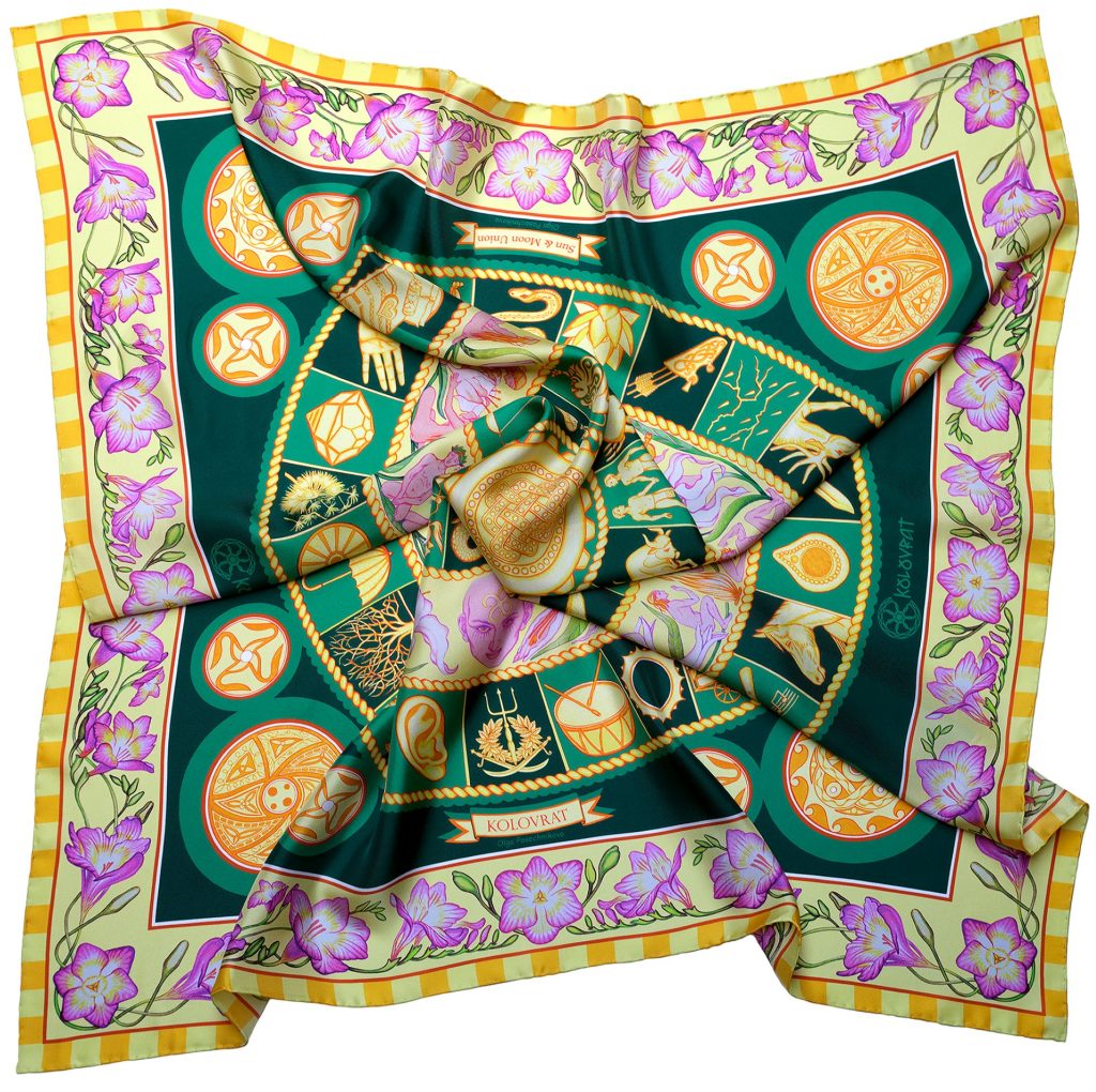Designed in Australia the Emerald Sky luxury silk scarf 90cm by  PSICHORA.