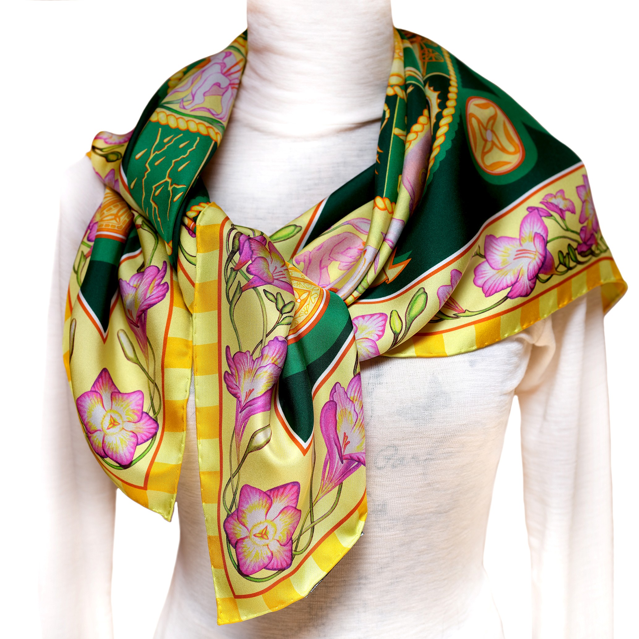 Make a statement with the Emerald Sky dark green silk scarf combines golden celestial wheals of Zodiac & Nakshatras, pink florals and telling imagery with deep greens of summer nights in a luminous, cosmos‑inspired design. Designed in Australia and made in Italy, this PSICHORA piece brings a refined elegance to your look.