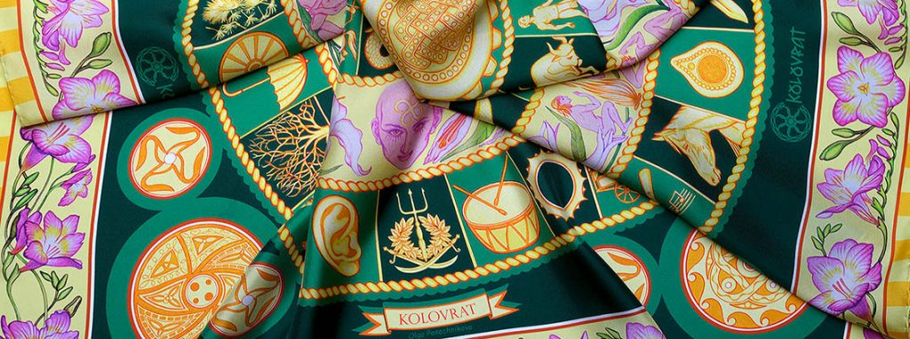 Designed in Australia the Emerald Sky luxury silk scarf - emerald green golden pink floral - by PSICHORA. Closeup.