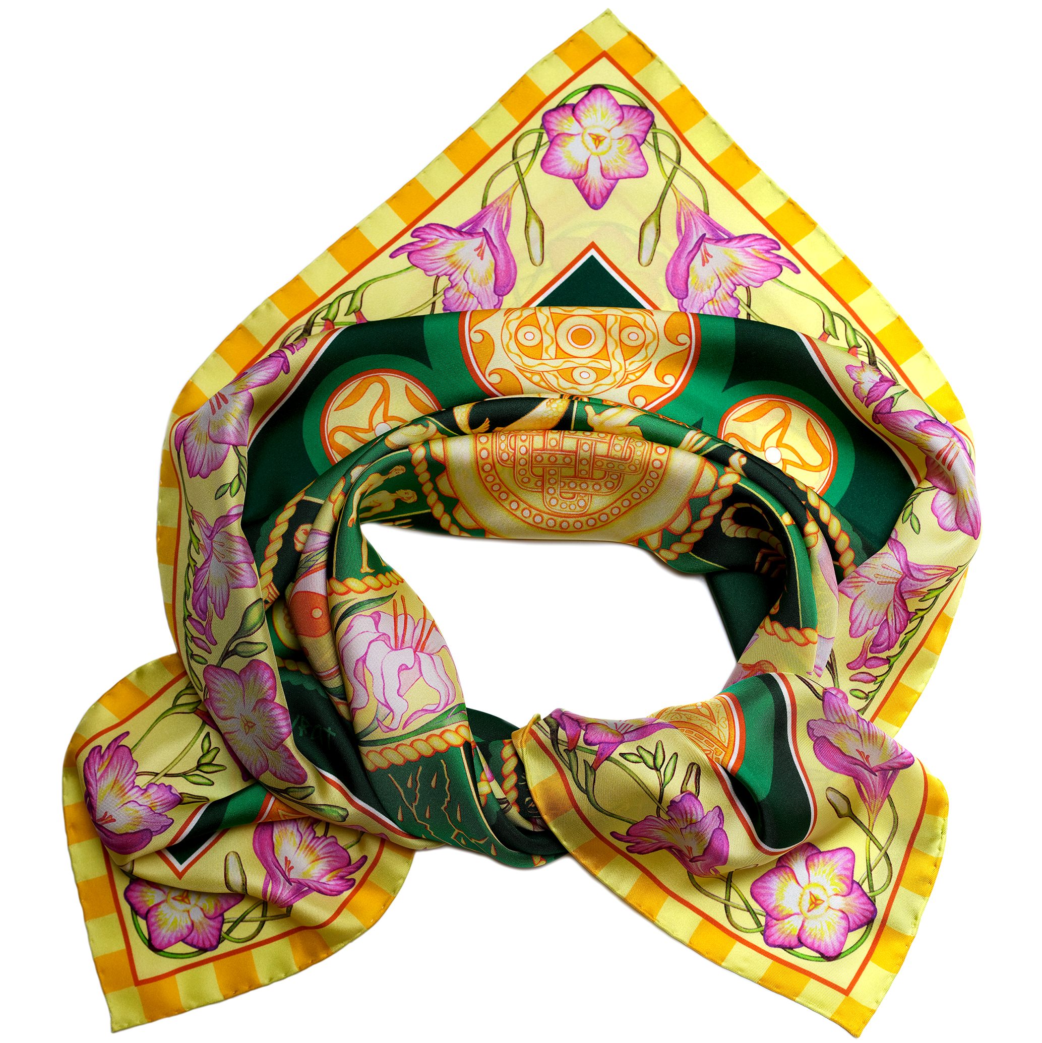 The Emerald Sky dark green silk scarf 90cm combines golden celestial wheals of Zodiac & Nakshatras, pink florals and telling imagery with deep greens of summer nights in a luminous, cosmos‑inspired design. Designed in Australia and made in Italy, this PSICHORA piece brings a refined statement piece to your look.