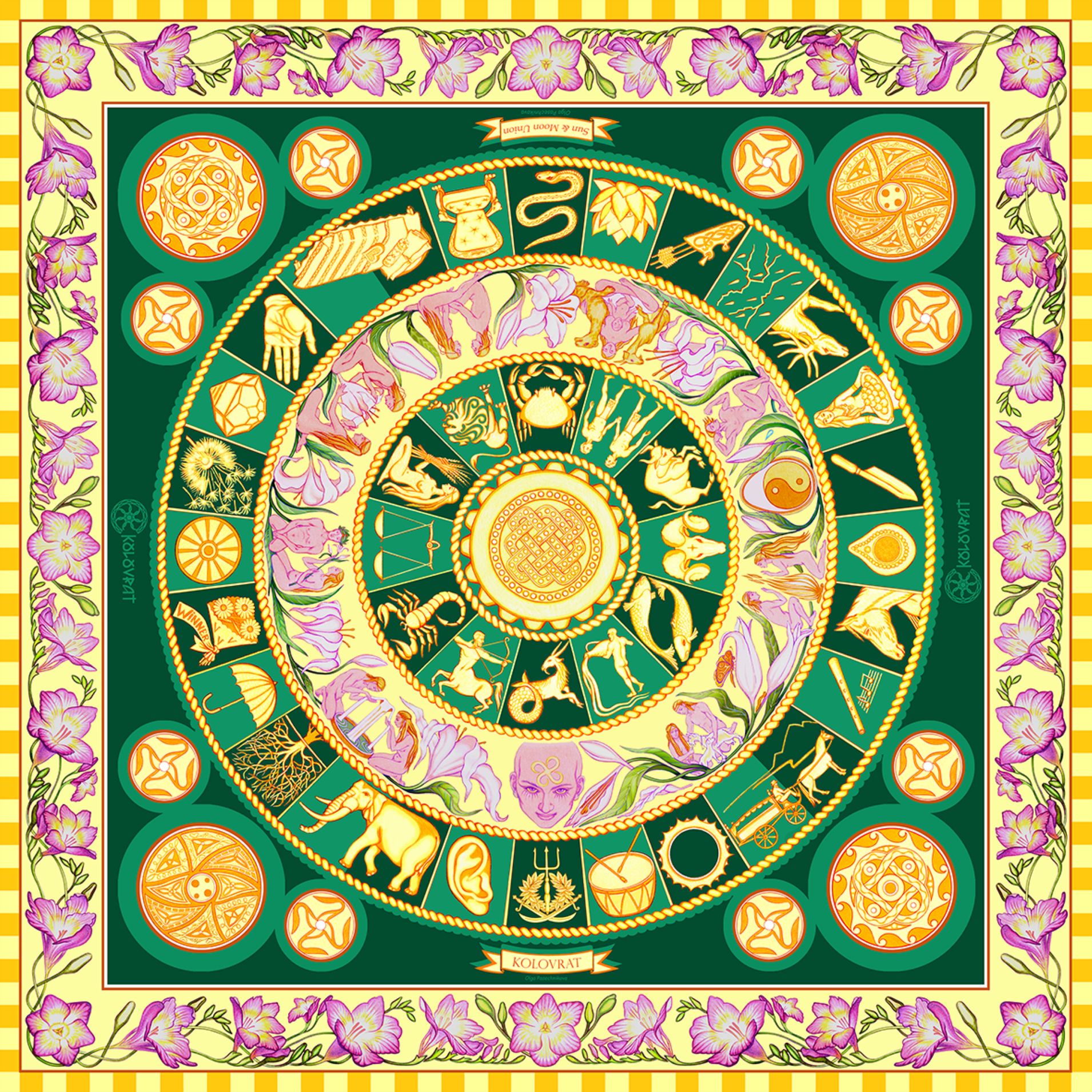 Step in style with the Emerald Sky luxury green silk scarf of golden celestial wheals of Zodiac & Nakshatras, pink florals and telling imagery in a luminous, cosmos‑inspired design. Designed in Australia and made in Italy, this PSICHORA piece brings a refined statement piece to your look.