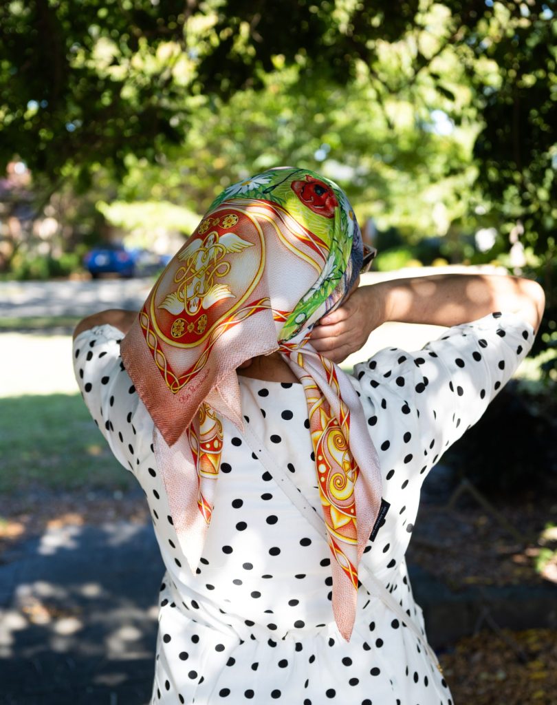 Emanate love vibes with the Eternal Lovers luxury silk scarf - peach coral pink red poppy white daisy - by PSICHORA.