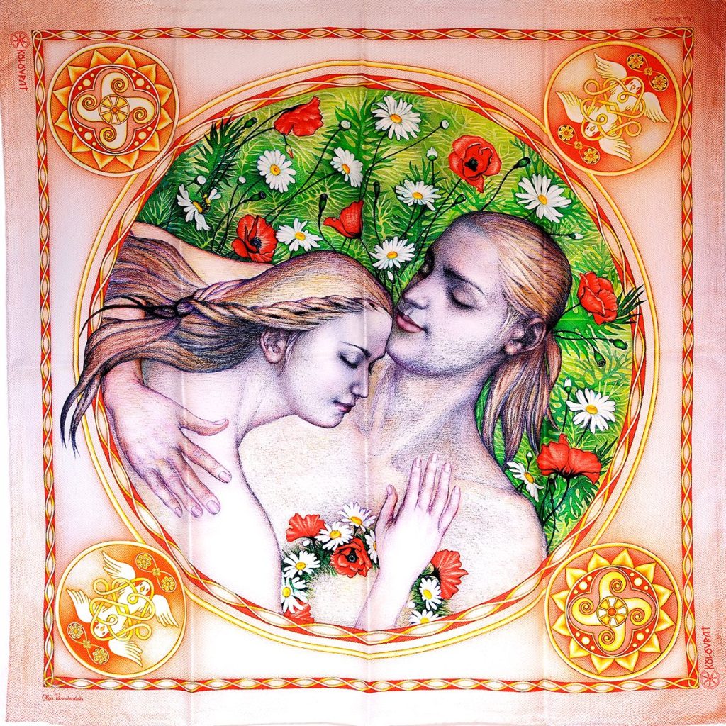 Designed in Australia the Eternal Lovers luxury silk scarf 90cm - peach coral pink poppy daisy floral love symbols - by PSICHORA.
