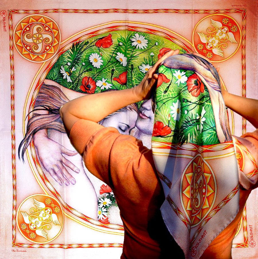 Designed in Melbourne the Eternal Lovers luxury silk scarf 90cm - peachy pink red emerald golden - by PSICHORA. Made in Italy.
