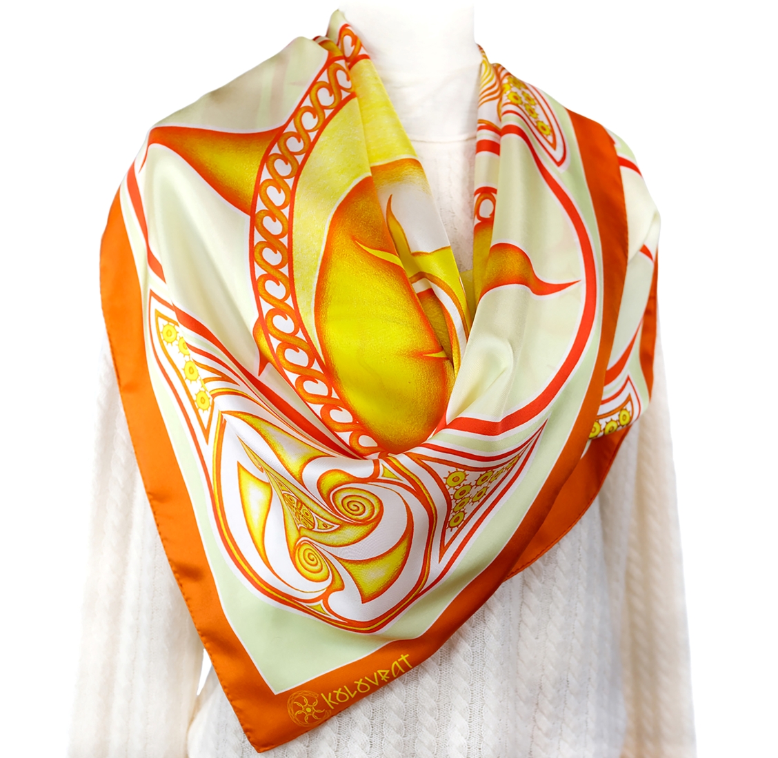 Sunshine your fav outfit with this golden reversible silk scarf that leaves you feeling sunlit and invigorated. Designed in AU and hand made in China, this scarf pays tribute to the ancient heritage of Trypillian culture, confirmed by modern scientific evidence.