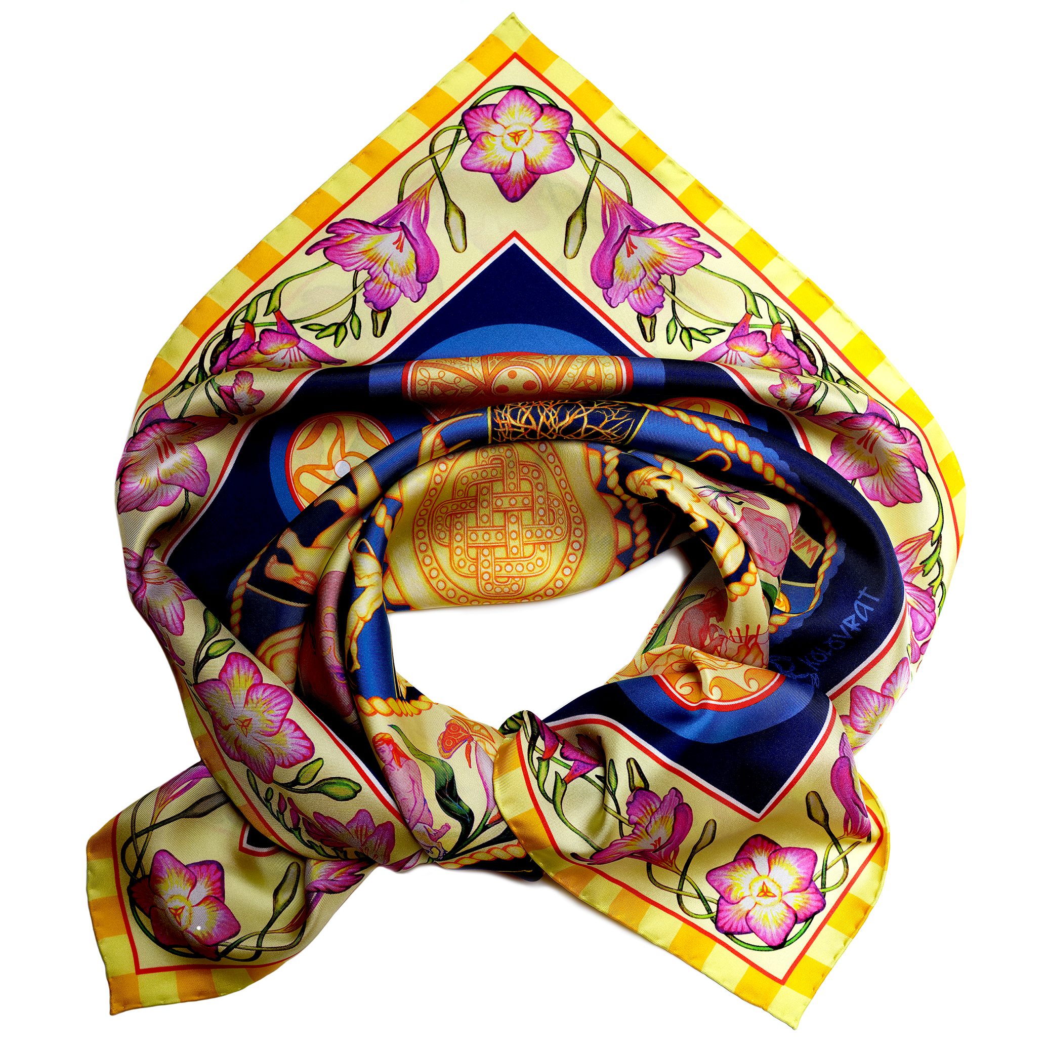The Night Sky luxury royal blue silk scarf pairs golden celestial wheals of Zodiac & Nakshatras, pink florals and telling imagery with the rich blues of deep Space in a luminous, cosmos‑inspired design. Designed in Australia and made in Italy, this PSICHORA piece brings a refined statement piece to your look.