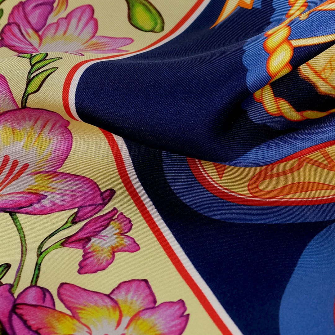 A closeup view of the Night Sky luxury silk scarf by PSICHORA.