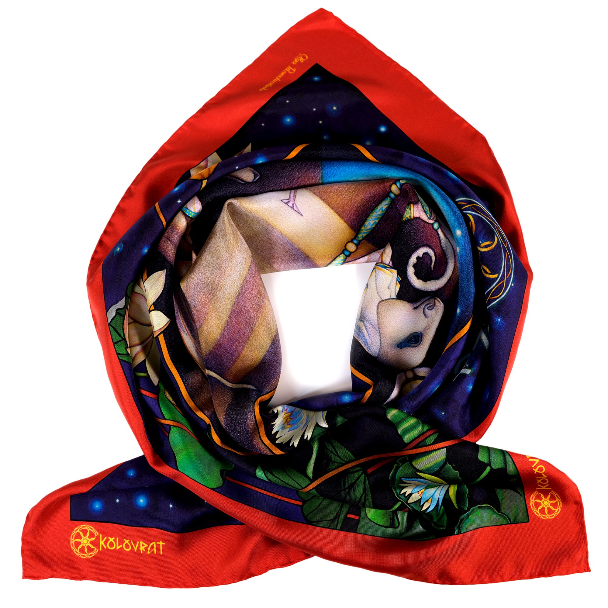 The luxurious Orion silk scarf combines deep navy blue with vibrant red, emerald leaves, and flowers in a mysterious composition, complemented by lotuses. Designed in Australia and made in Italy, this PSICHORA scarf captures the beauty of the night sky, combining earthy elegance with rich colors.