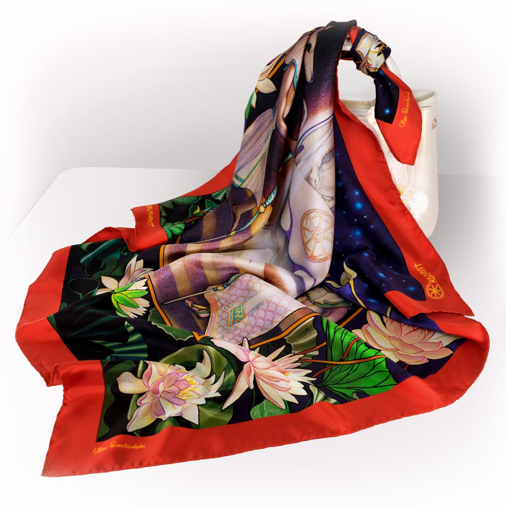 Designed in Australia & made in Italy the Orion luxury silk scarf 90cm - navy royal blue red emerald lotus floral - by PSICHORA.