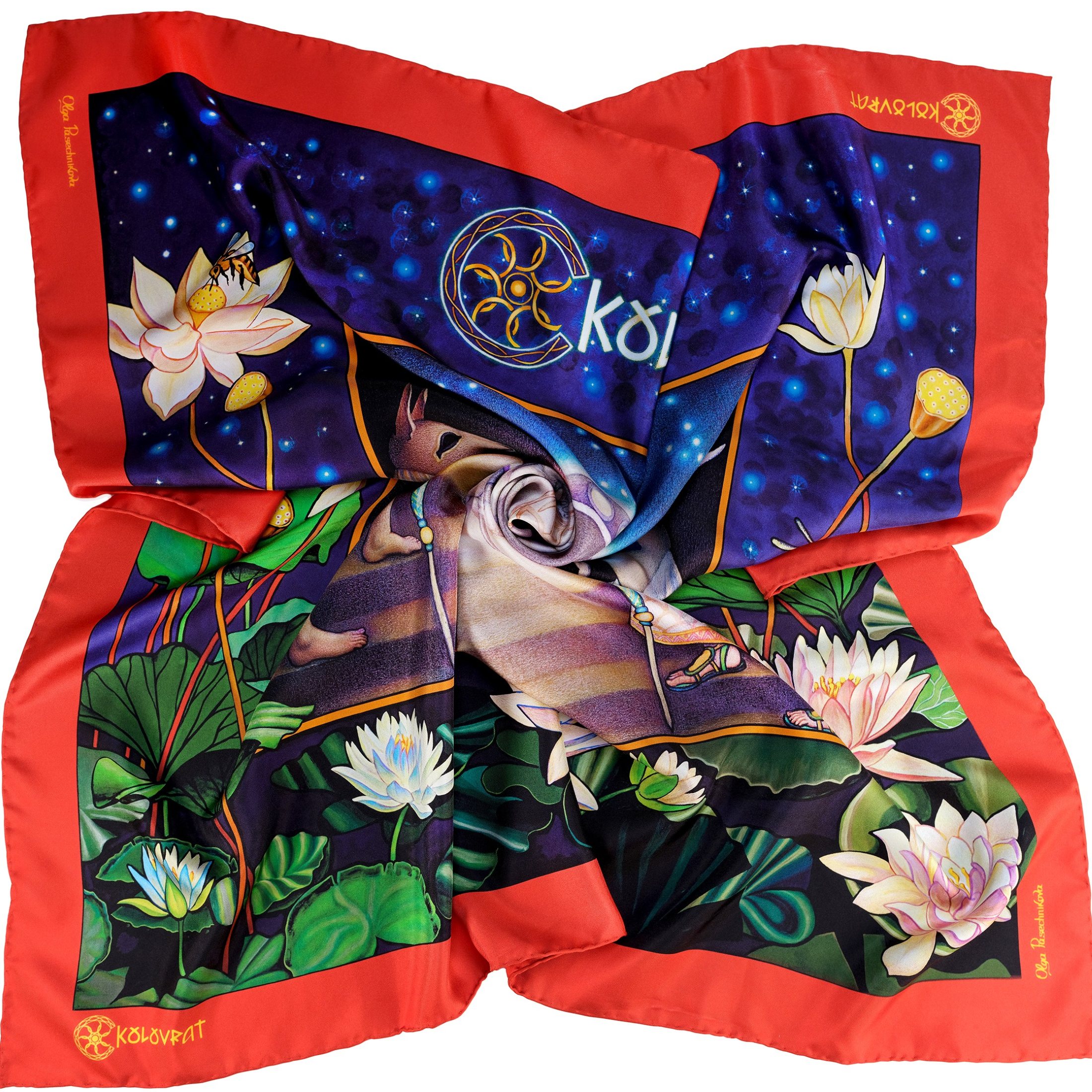 The Orion luxury silk scarf blends deep navy blue with vibrant red, emerald leaves and florals in a striking myth & lotus flower composition. Designed in Australia and made in Italy, this PSICHORA piece evokes the brilliance of the night sky with the elegance of Earthy shapes and colours.