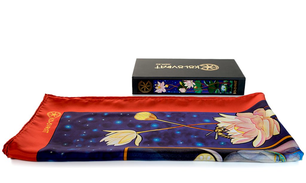 Designed in Melbourne the Orion luxury silk scarf 90cm - navy royal blue red lotus floral - by PSICHORA.