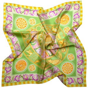 From the Skies 68 scarf collection - the Pistachio Sky luxury silk scarf - pistachio green golden celestials and pink florals by PSICHORA. Designed in Australia, made in Italy.