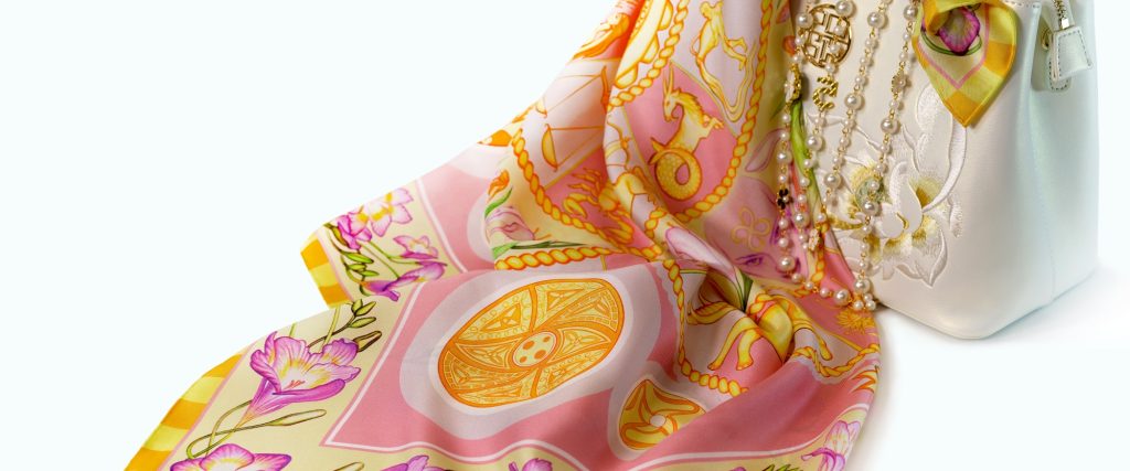 PSICHORA luxury silk scarf Dawn Sky-designer silk accessory for a modern days fashionista.