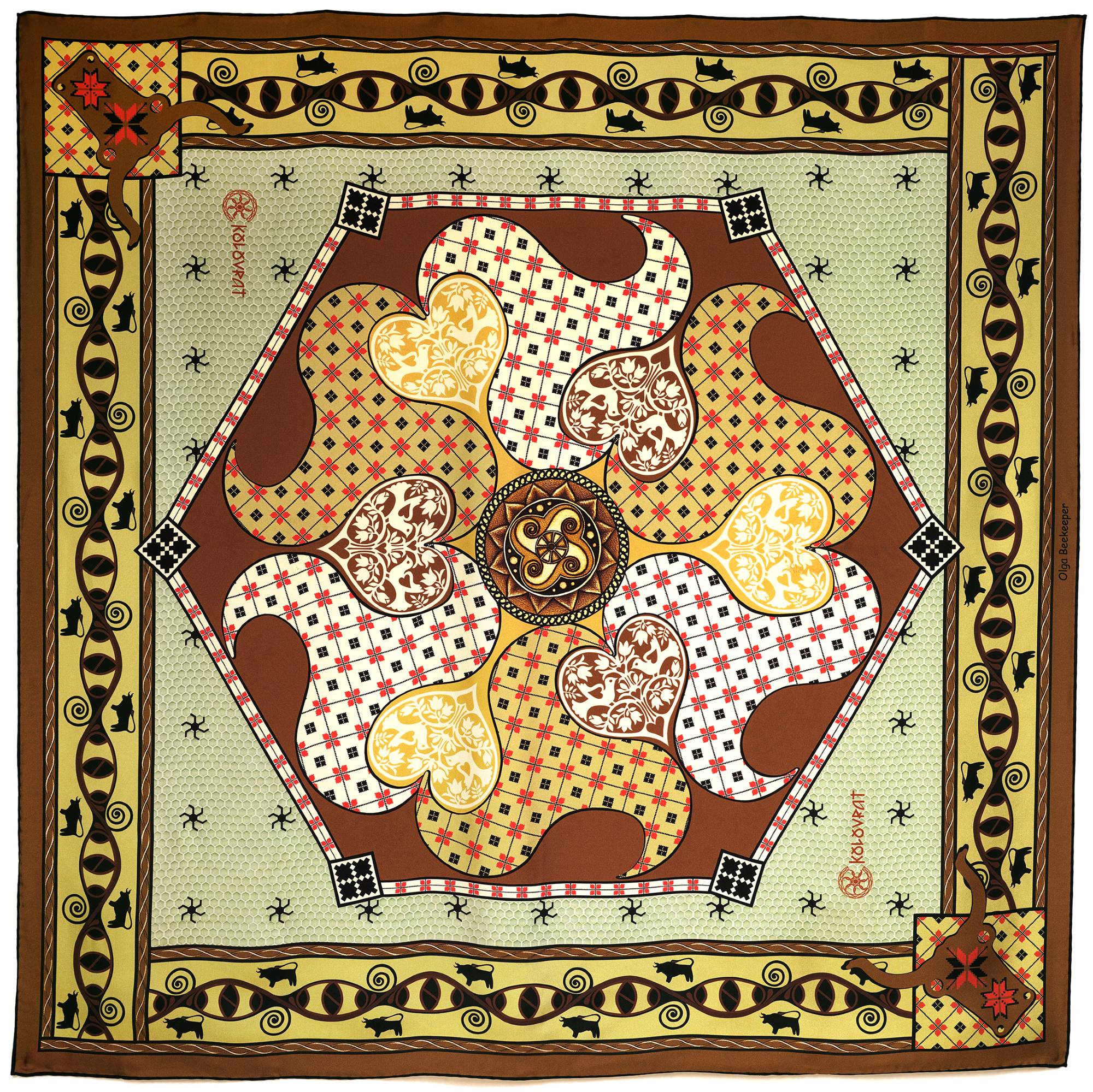 Experience the unique atmosphere of the terracotta and olive-hued Talisman silk scarf. Designed in Australia and handcrafted in Italy, this luxurious accessory fosters a sense of harmony—infused with love—and inner stability. Feel the protective power of the Talisman, enhanced by the energy of DNA symbols from the Trypillian culture.