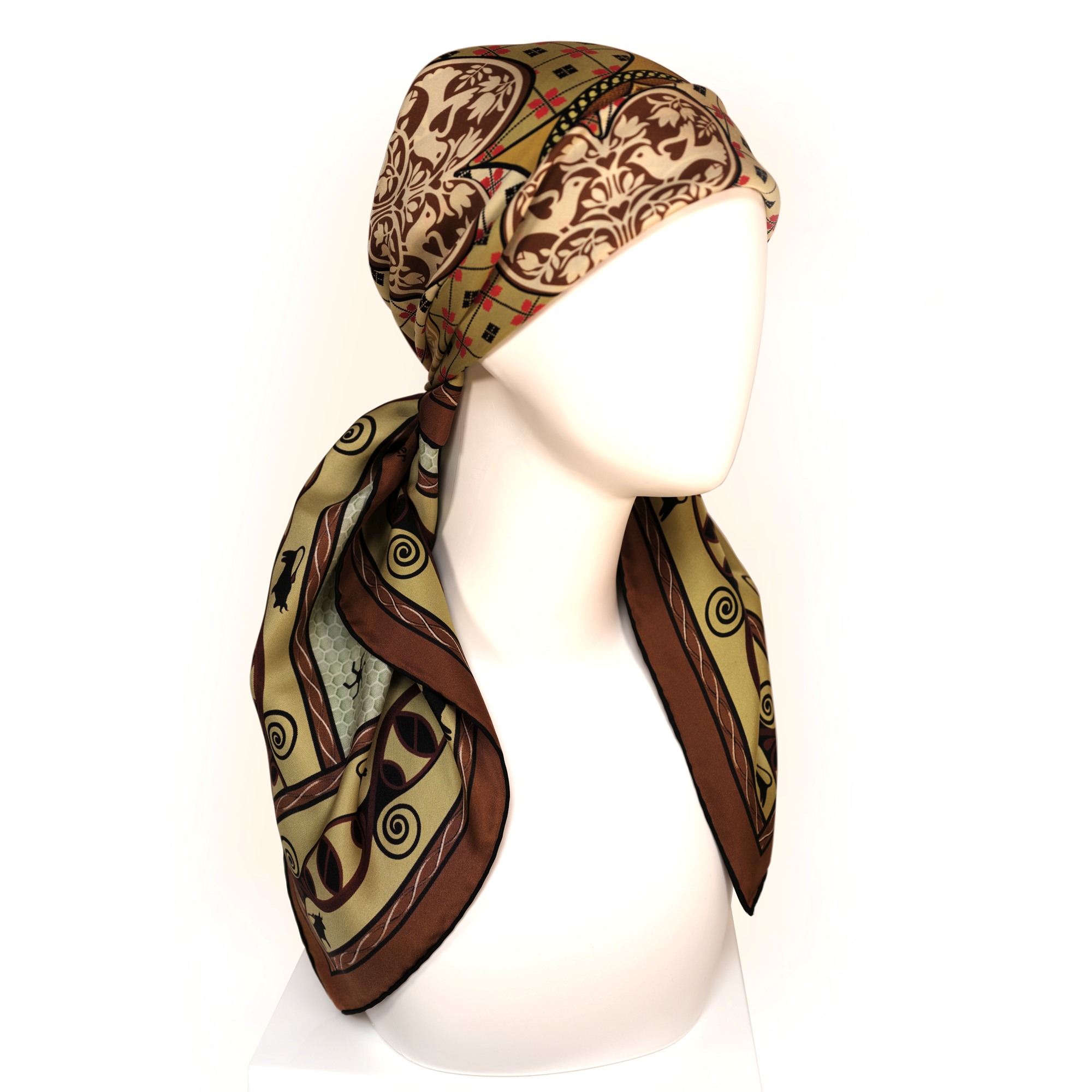 Wrap up in unique atmosphere of the Talisman terracotta head silk scarf. Designed in Australia and made in Italy, this elegant silk accessory fosters a sense of harmony—infused with love—and inner stability. Feel the protective power of the Talisman, amplified by the energy of DNA symbols characteristic of the Trypillia culture.