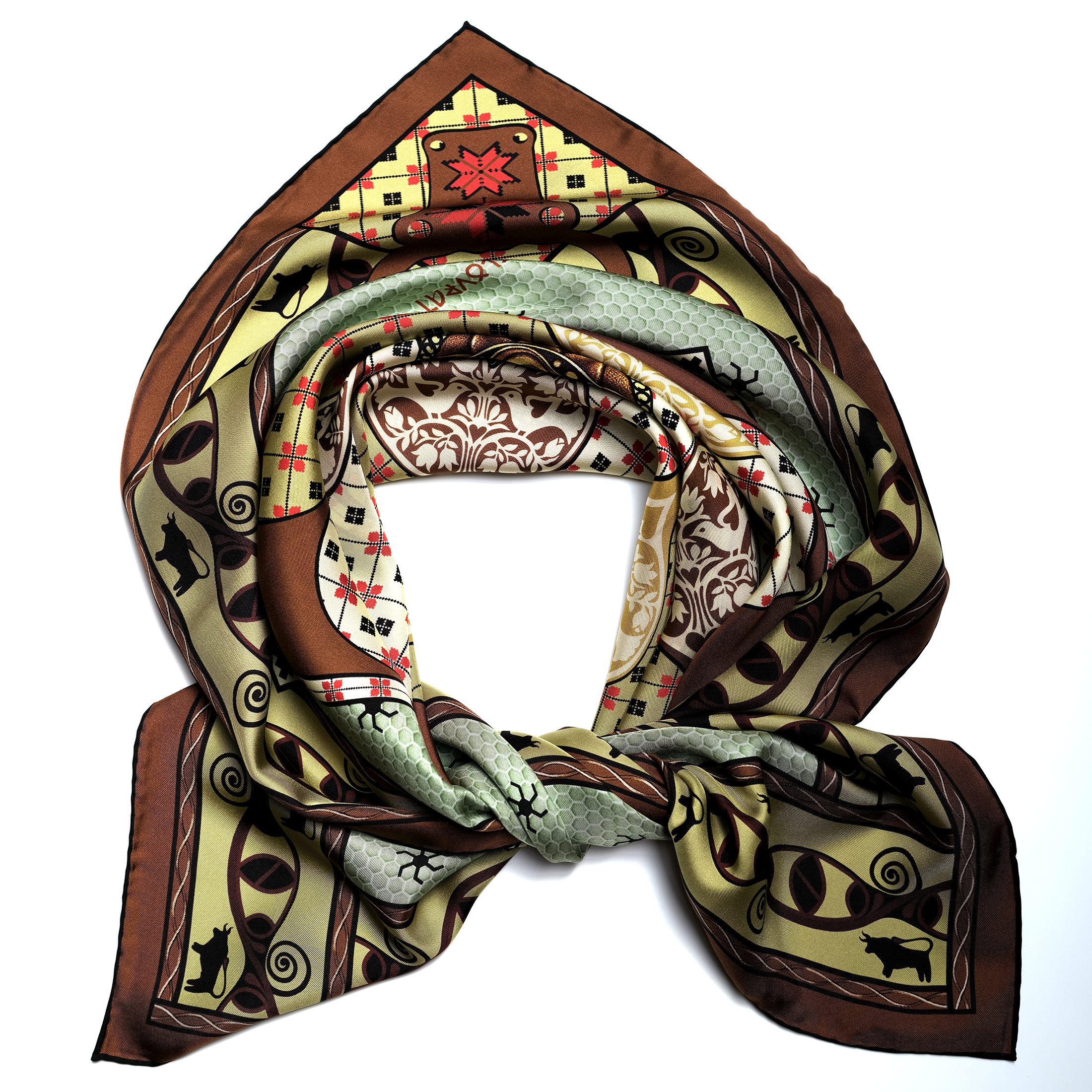 Experience the unique atmosphere of the terracotta and olive-hued Talisman silk scarf. Designed in Australia and made in Italy, this silk accessory fosters a sense of harmony—infused with love—and inner stability. Feel the protective power of the Talisman, enhanced by the energy of DNA symbols from the Trypillian culture.
