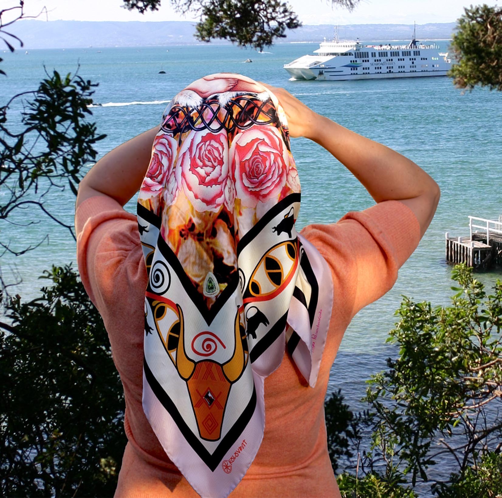 Stepping in style with The Beginning luxury silk scarf - pale pink amber brown - by PSICHORA.