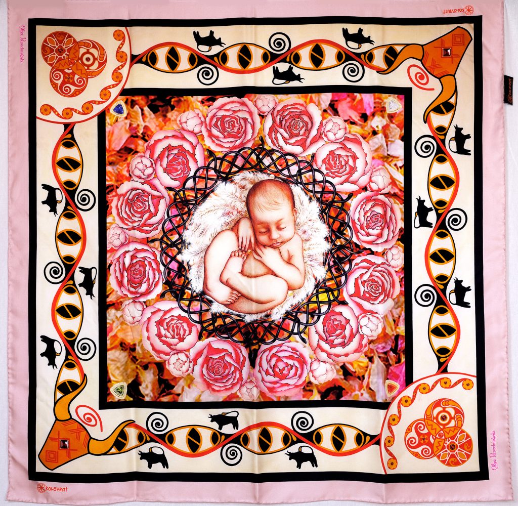 Made in Italy The Beginning designer silk scarf 90cm - pale pink coral amber brown - by PSICHORA.
