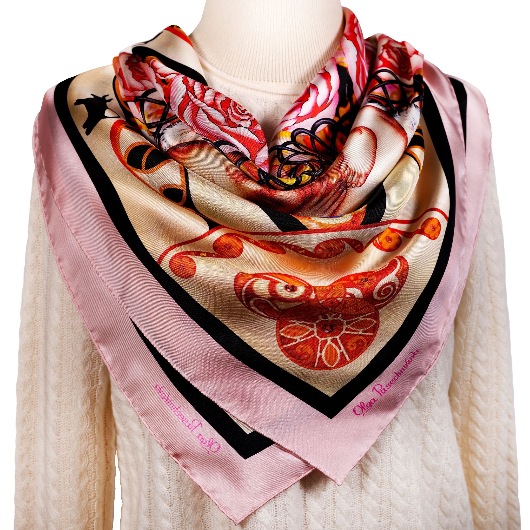 Made in Italy The Beginning designer silk scarf 90cm - pale pink coral amber golden brown - by PSICHORA. Designed in Melbourne.