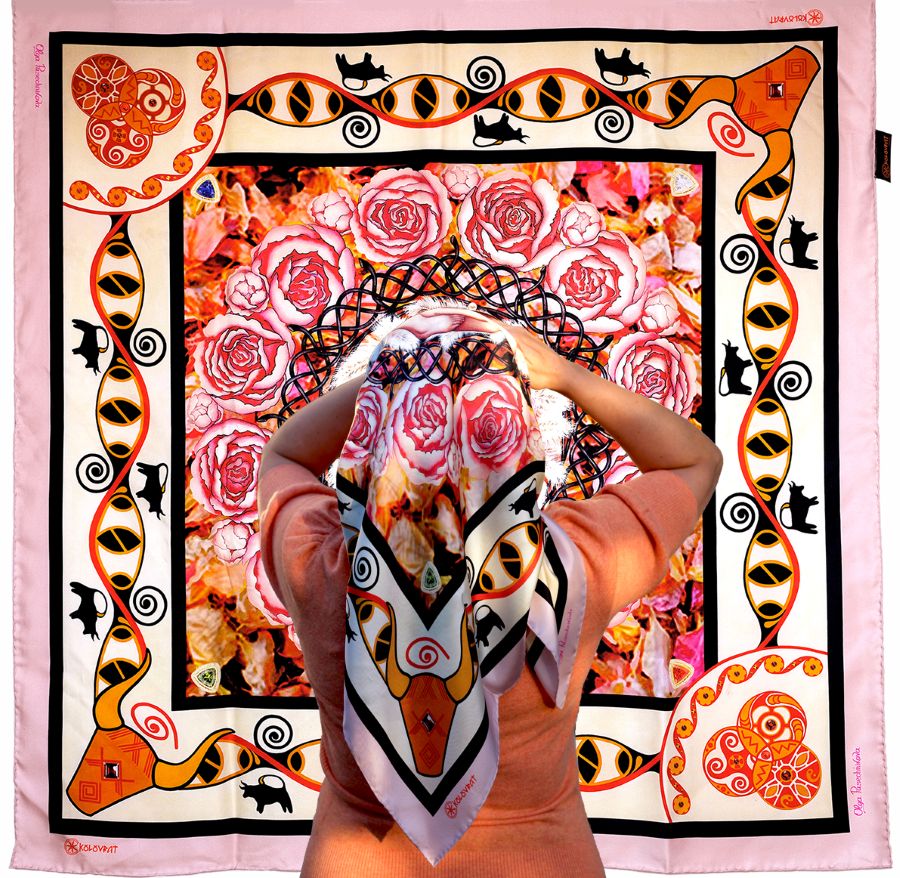 Designed in Australia and hand made in Italy The Beginning pure silk scarf - pale pink coral amber terracotta DNA Trypillian symbols - by PSICHORA.