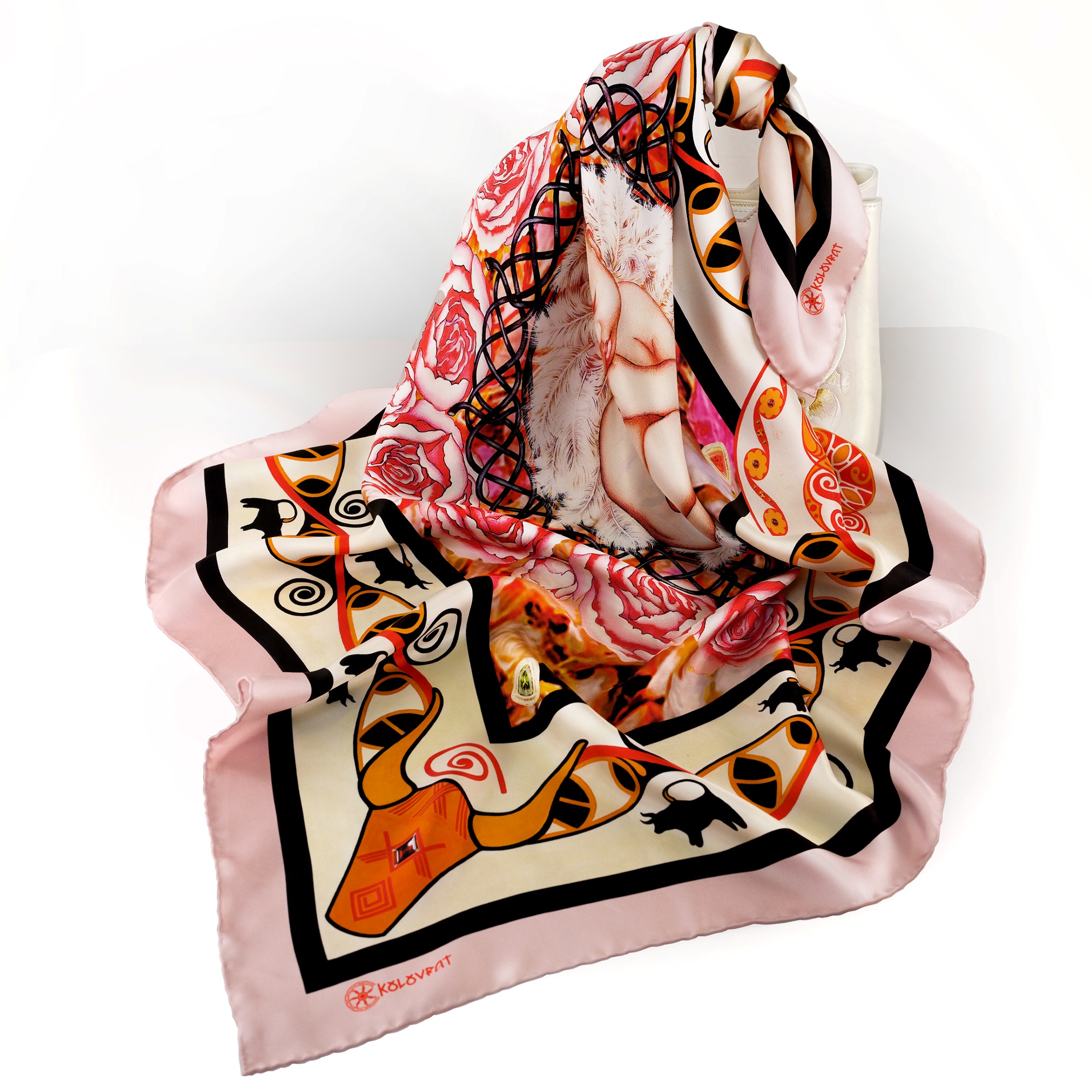 Designed in Melbourne The Beginning luxury silk scarf 90cm - pale pink coral amber golden brown - by PSICHORA. Made in Italy.