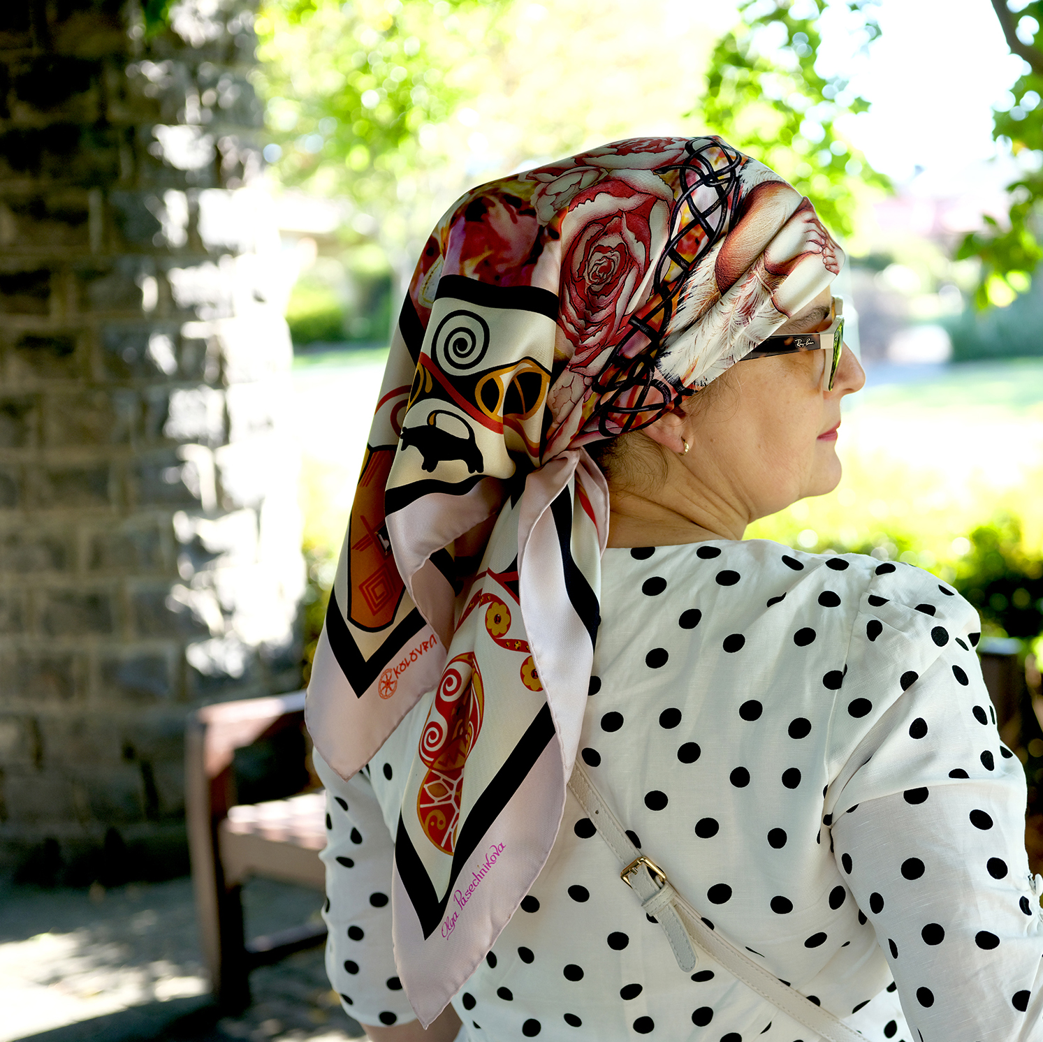 Stepping out with The Beginning luxury silk scarf 90cm - pale pink amber golden brown - by PSICHORA. Made in Italy.