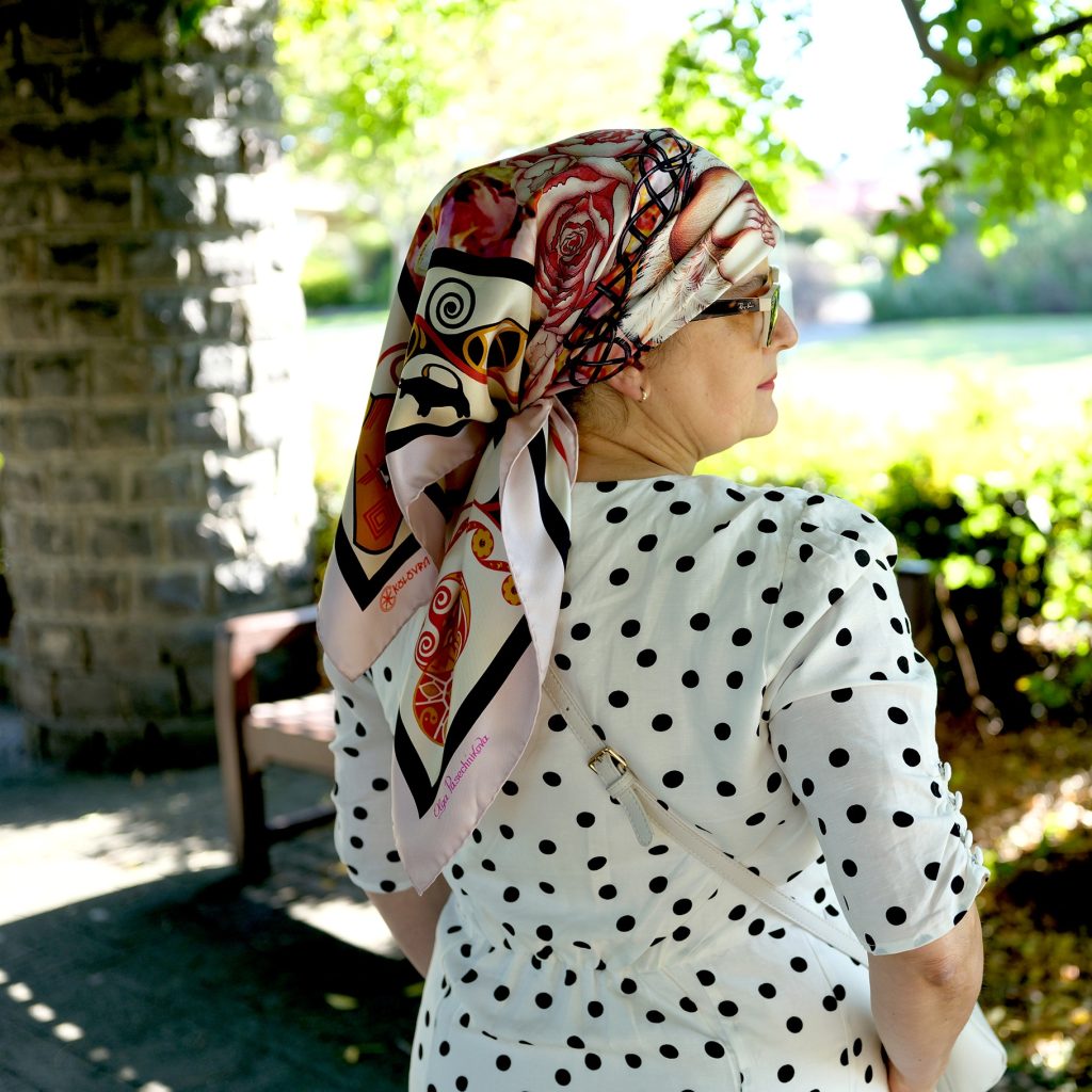 Stepping out with The Beginning designer silk scarf by PSICHORA.