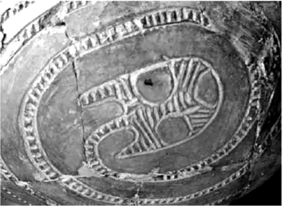 The fragment of Trypillian pottery ornamental detail.