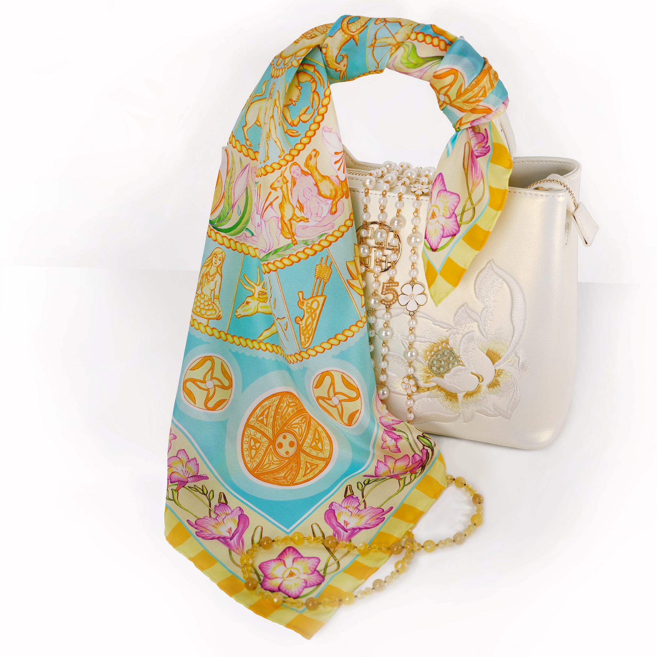 PSICHORA: from the SKIES 68cm scarf collection - the Turquoise Sky luxury silk accessory. Designed in Australia, made in Italy.